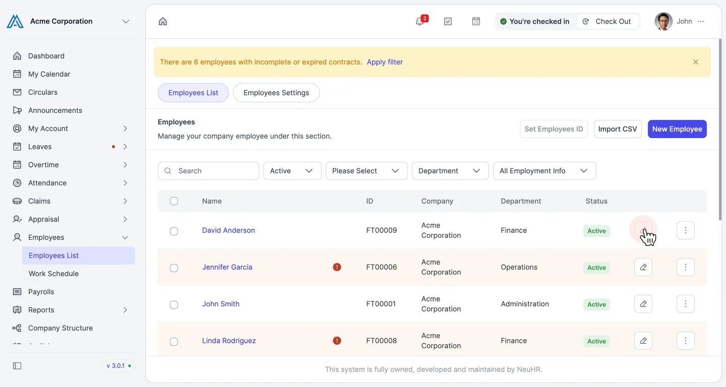 Employees List with pencil edit icon highlighted