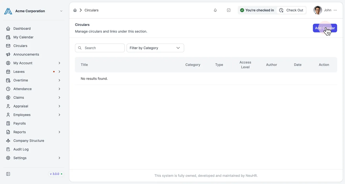 Circulars listing page with Add Circular button