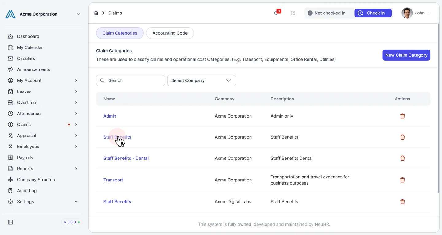 Step 1 – Claims category list