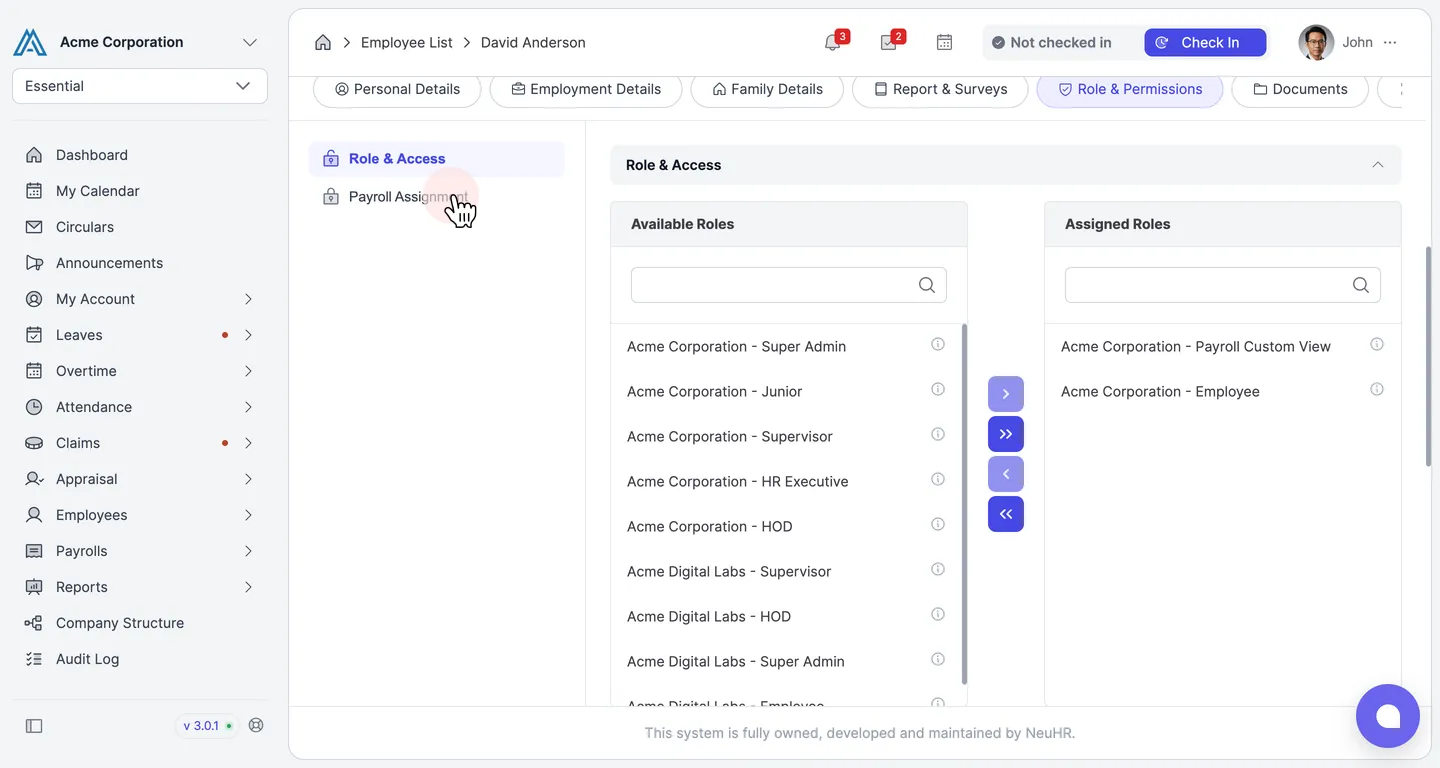 Assigned Roles with the Payroll Assignment section available