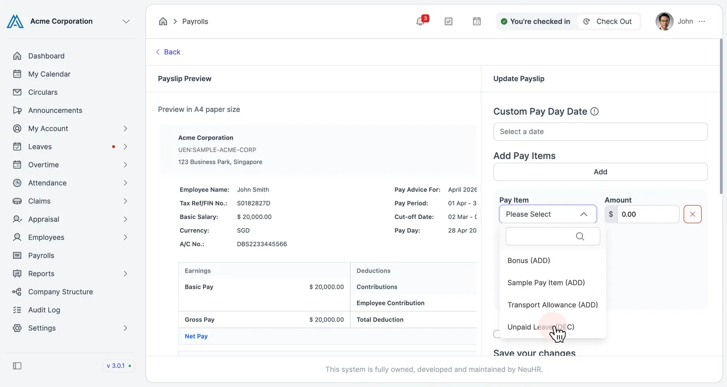 Payroll Section with Deductions