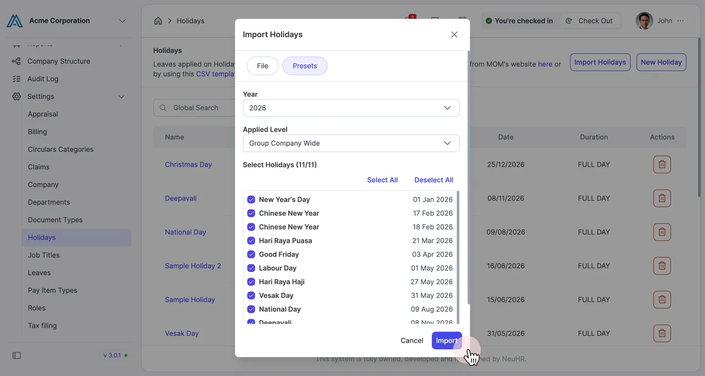 Click Import for presets