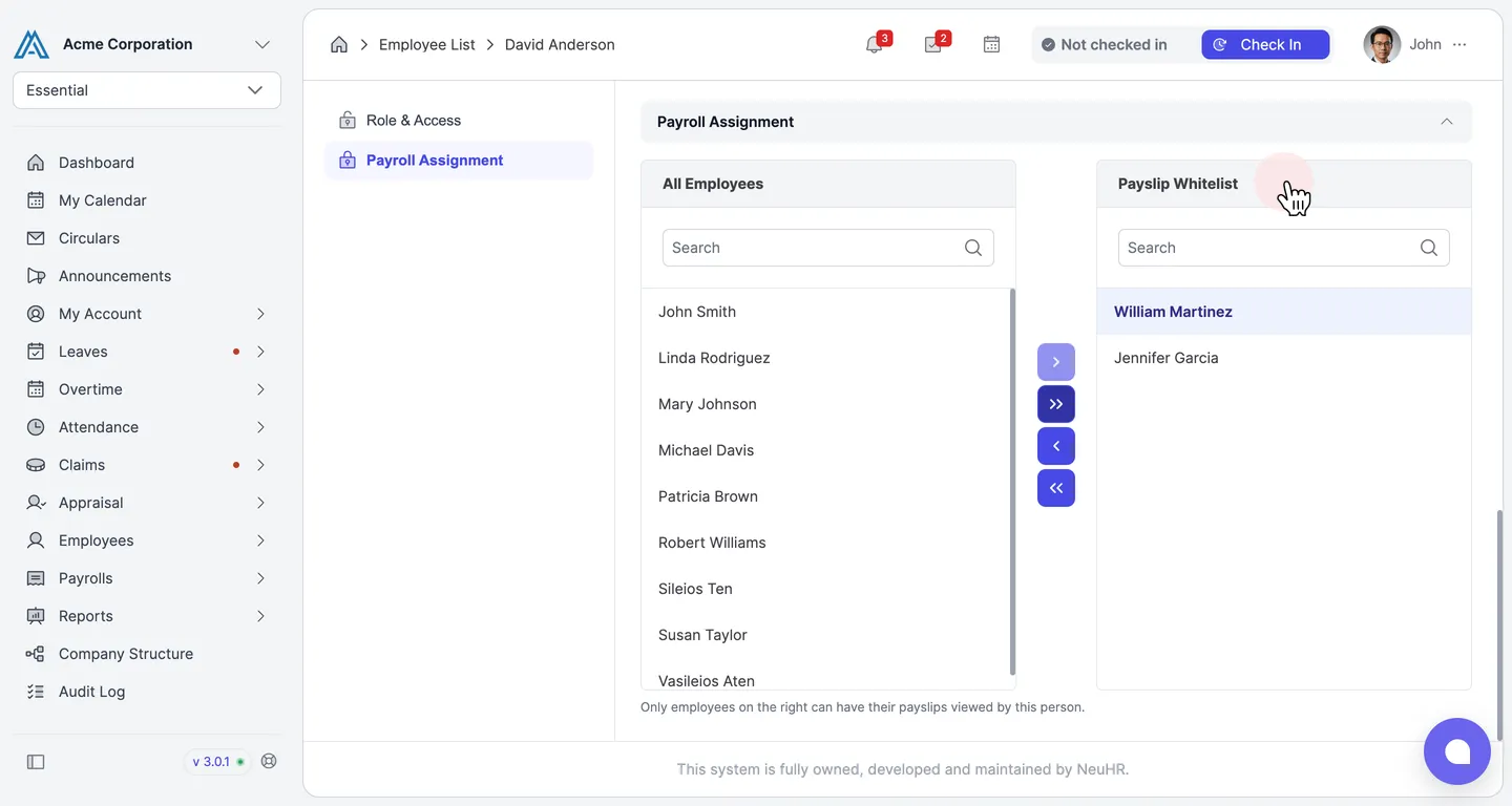 Payslip Whitelist with the selected employees