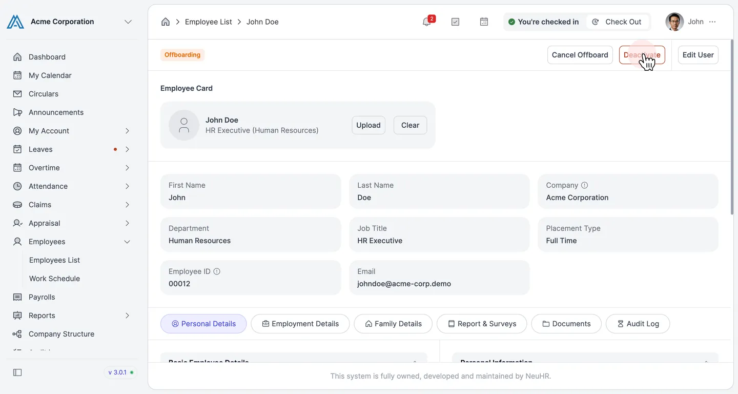 Employee profile page (Offboarding status) with pointer on the Deactivate button
