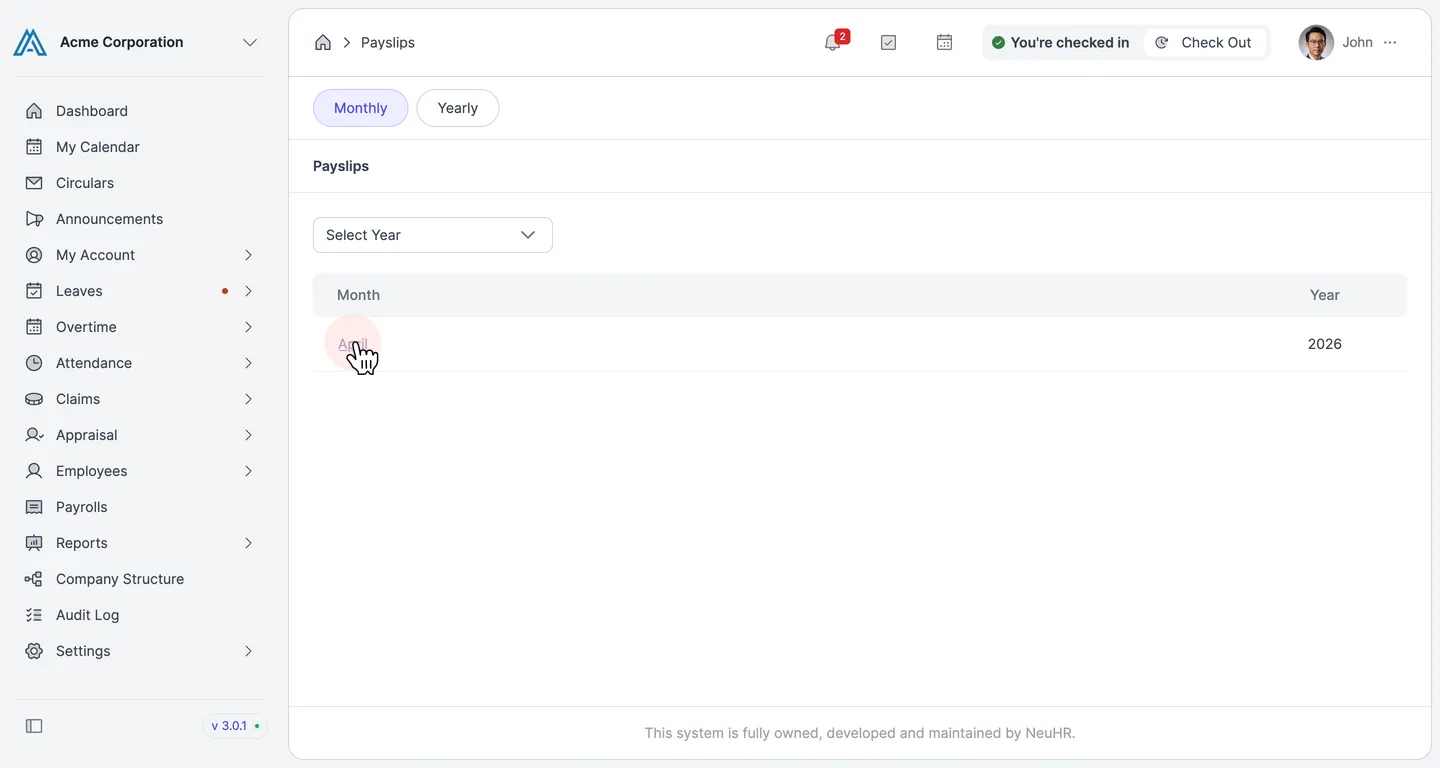 Payslips list with monthly payslips