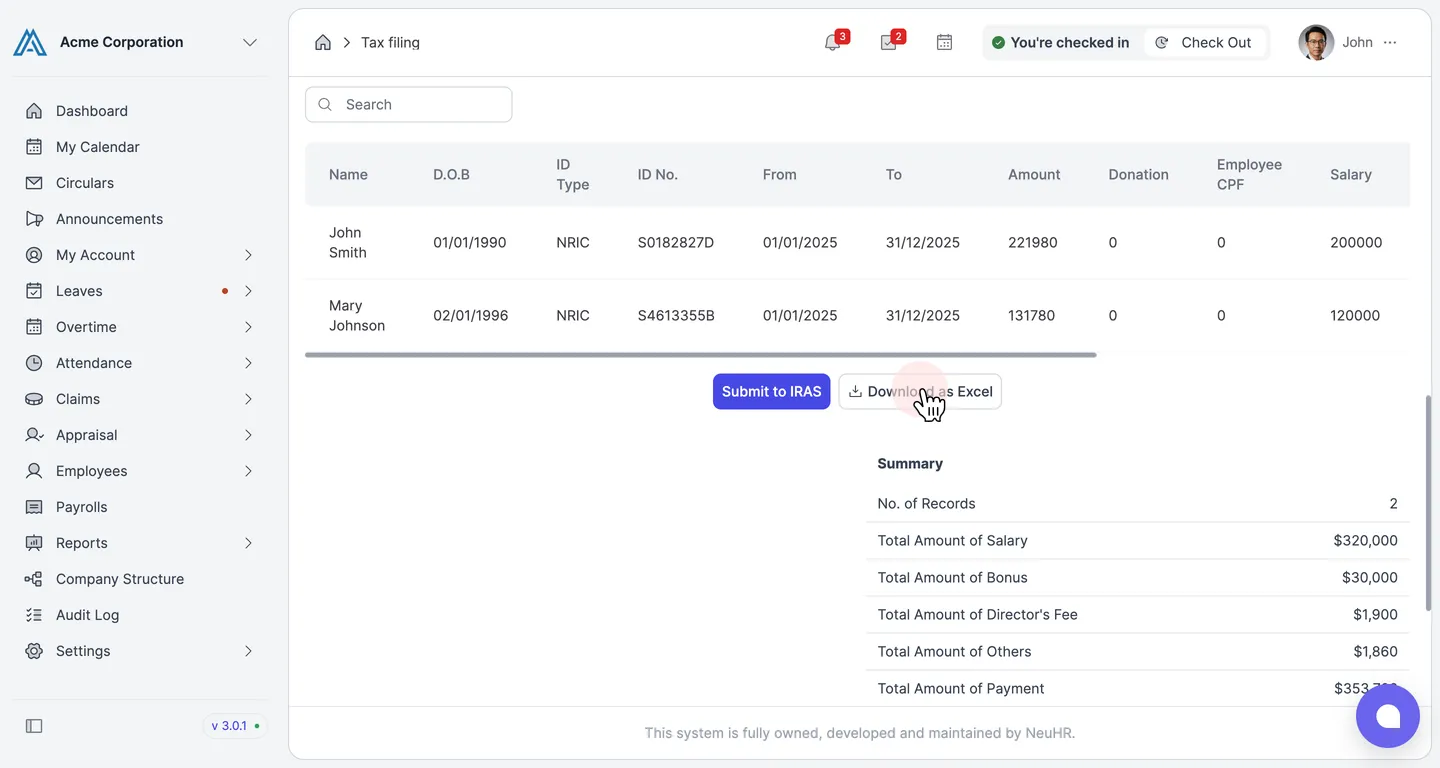 Download as Excel button