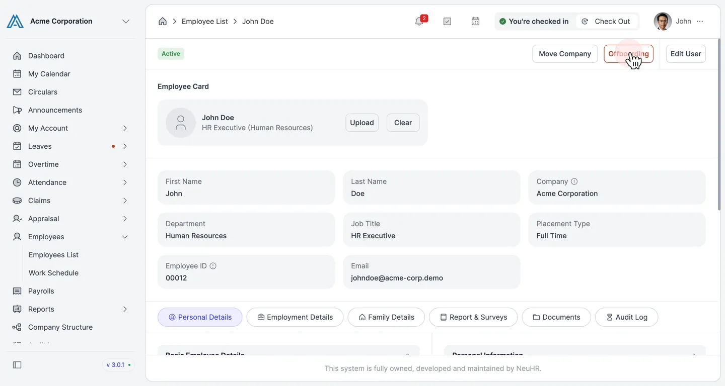 Employee profile page with pointer on the Offboarding button