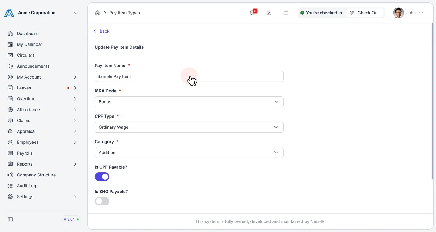 The Update Pay Item Details form showing all fields for Sample Pay Item