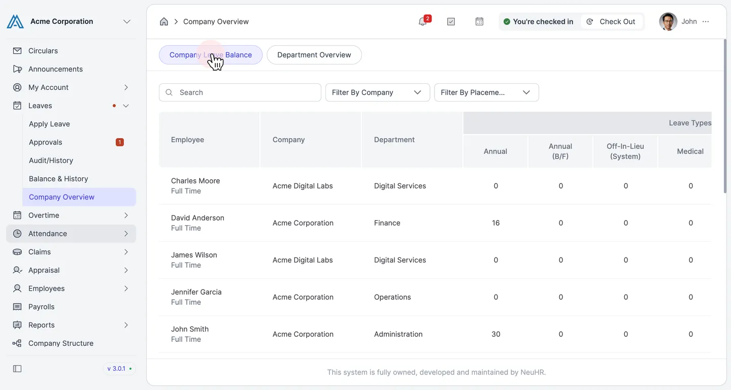 Company Leave Balance tab