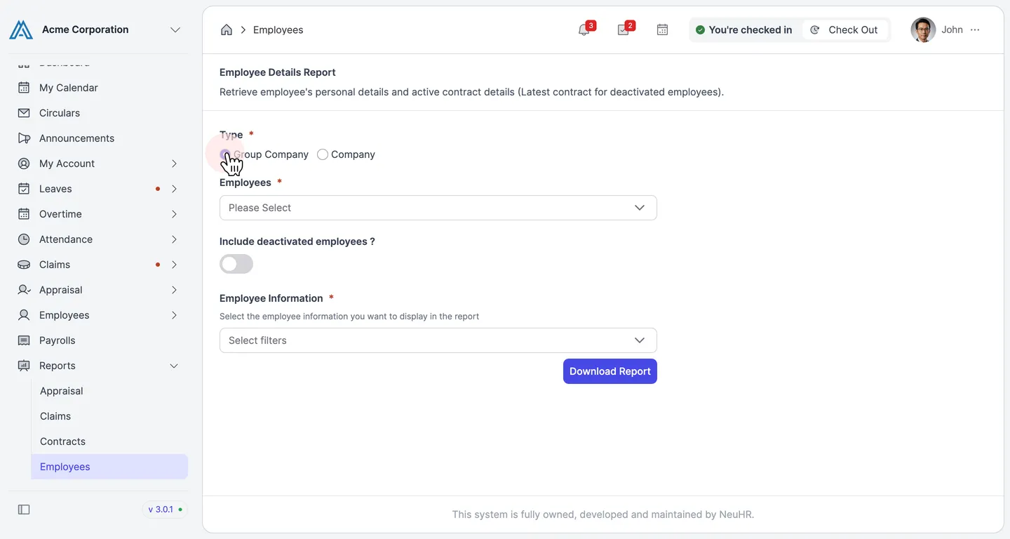 Select report type