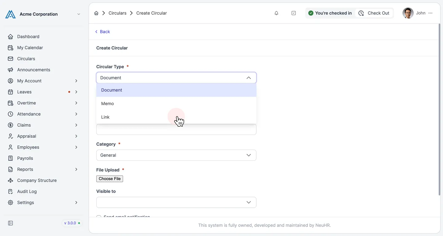 Circular Type dropdown open with Link option highlighted