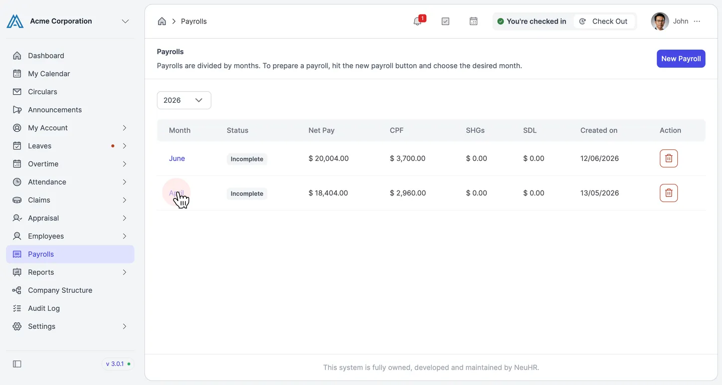 Click on the month name to open the payroll