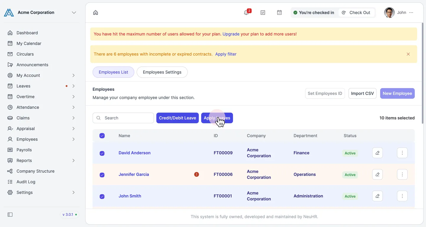 Employees List with all employees selected and Apply Leaves button visible