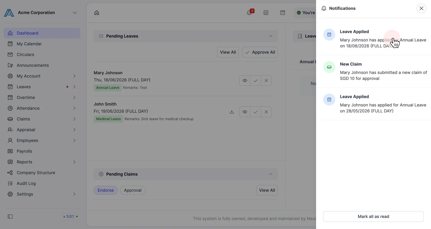 Notifications panel with list of notifications