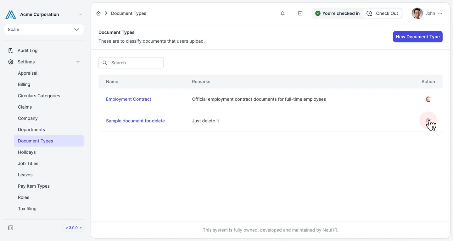 Document Types listing with trash icon in the Action column