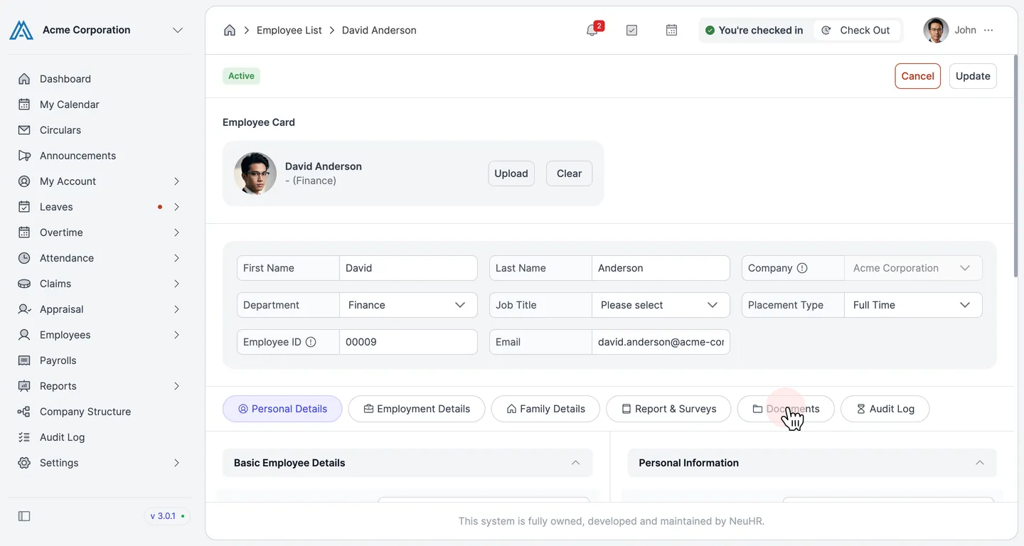 Update Employee form with Documents tab highlighted