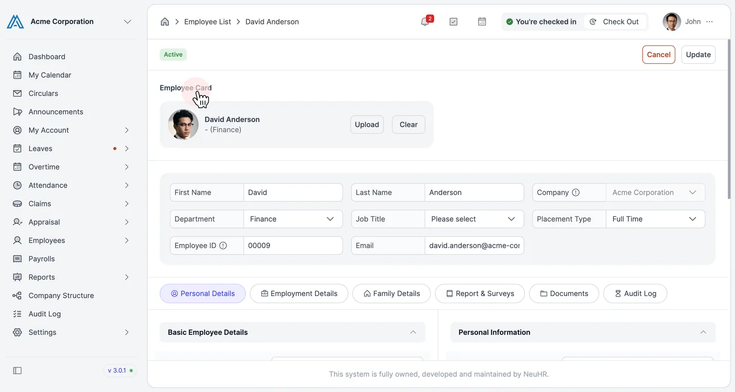 Update Employee form showing pre-filled employee details