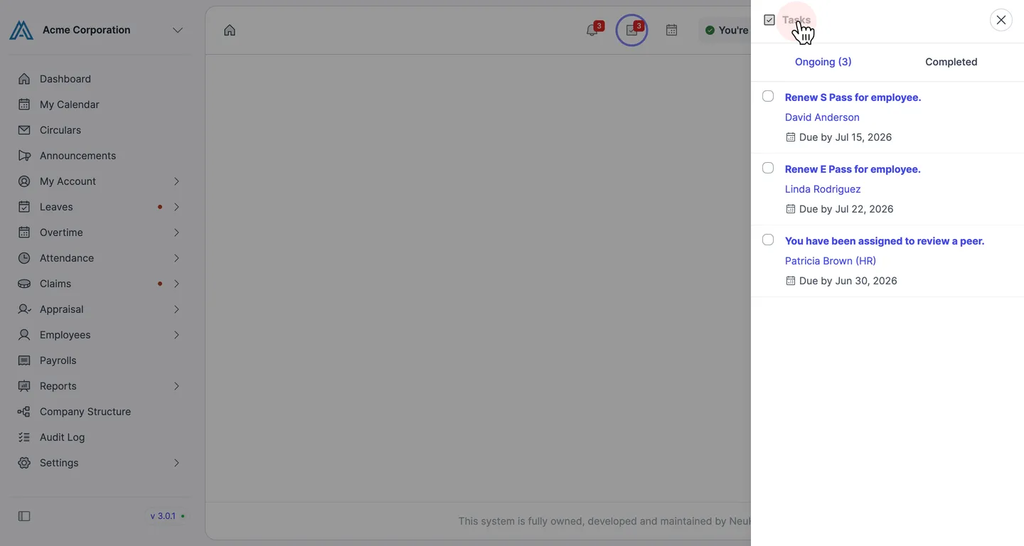Task list panel showing ongoing tasks