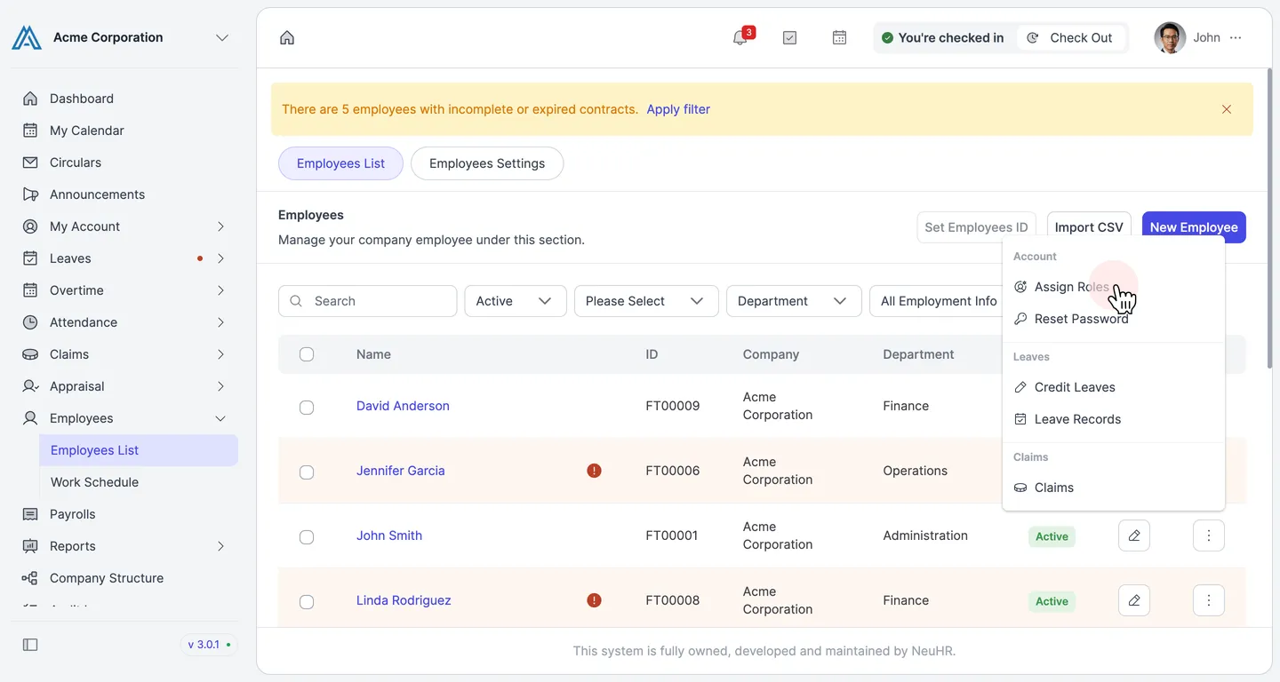 Actions dropdown menu showing Assign Roles, Reset Password, Credit Leaves, Leave Records, and Claims options