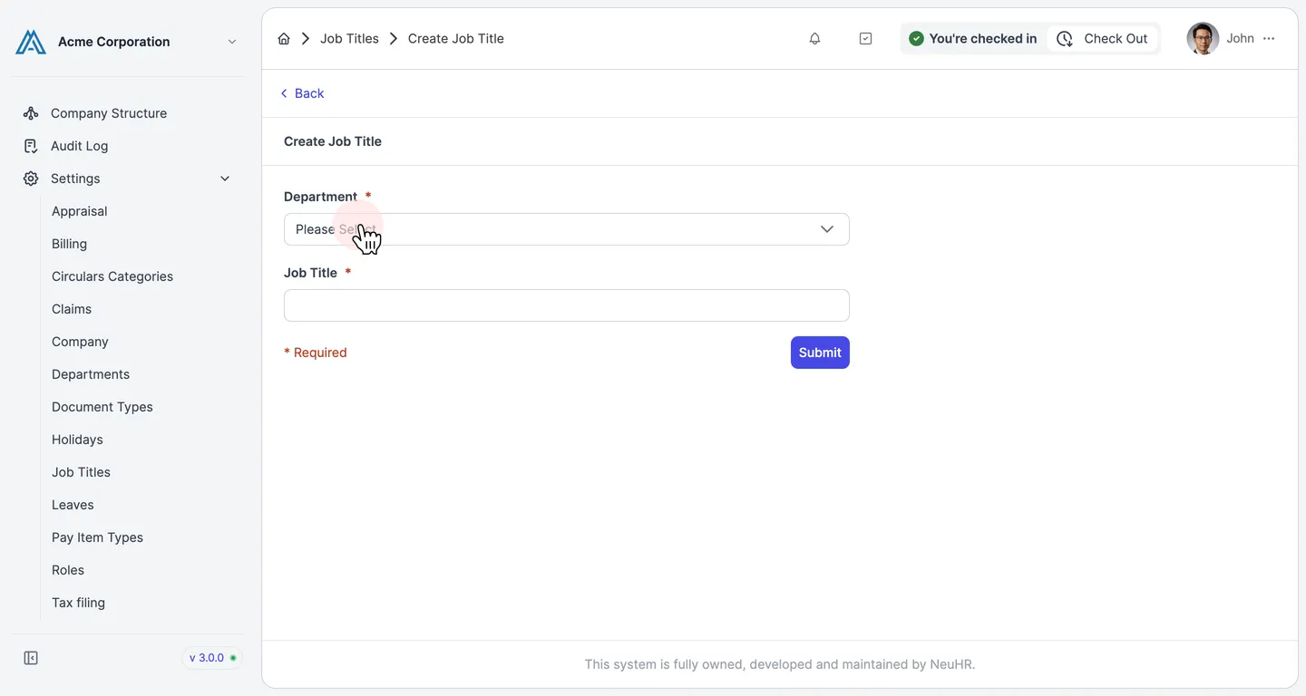 Create Job Title form with Department dropdown highlighted
