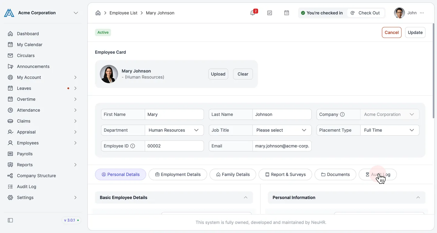 Update Employee form with pointer on the Audit Log tab
