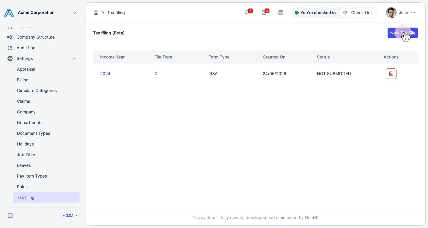 Click New Tax File button