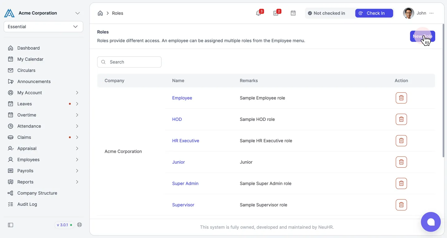 Roles page with the New Role button