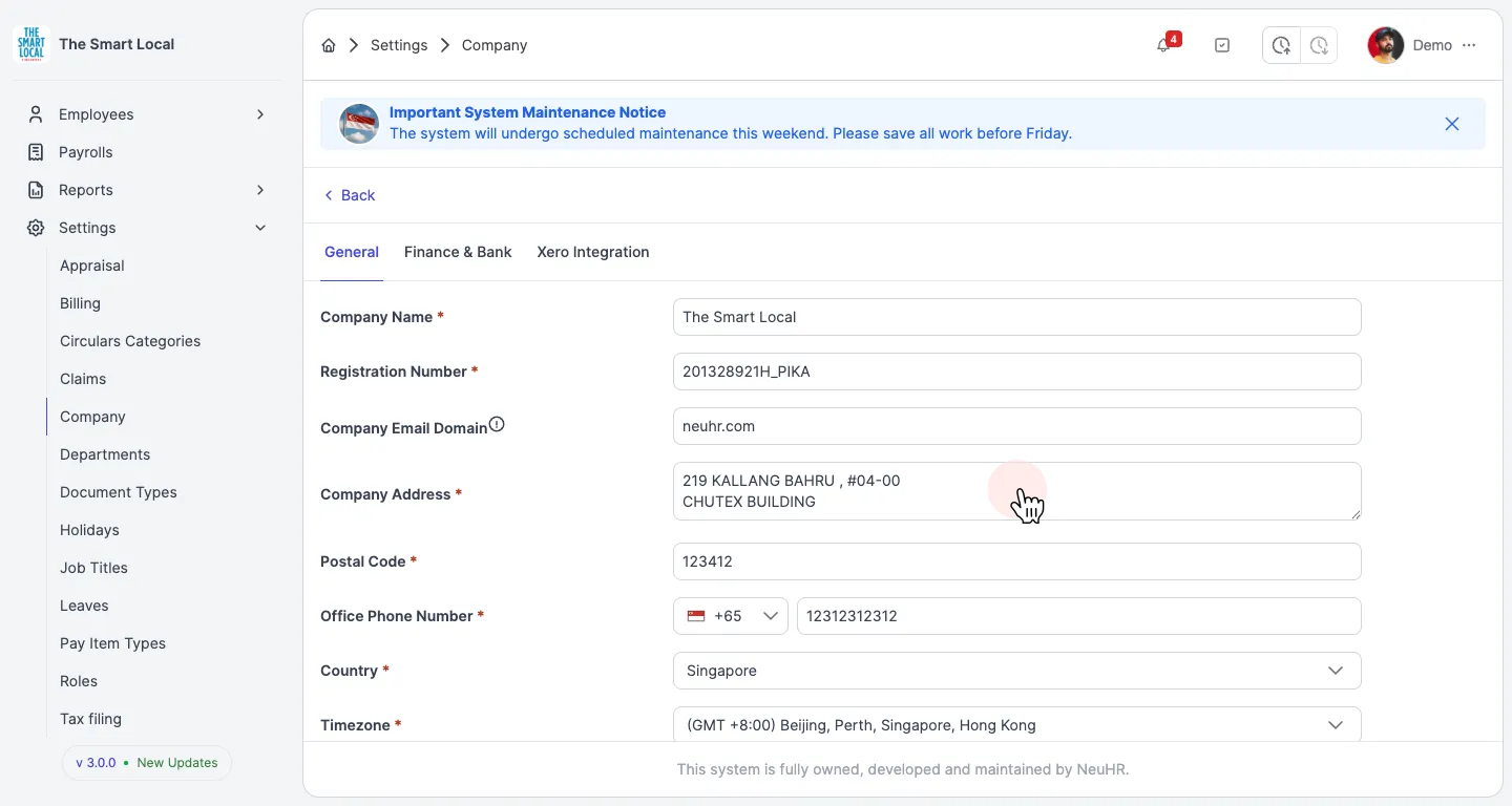 Update Company General tab