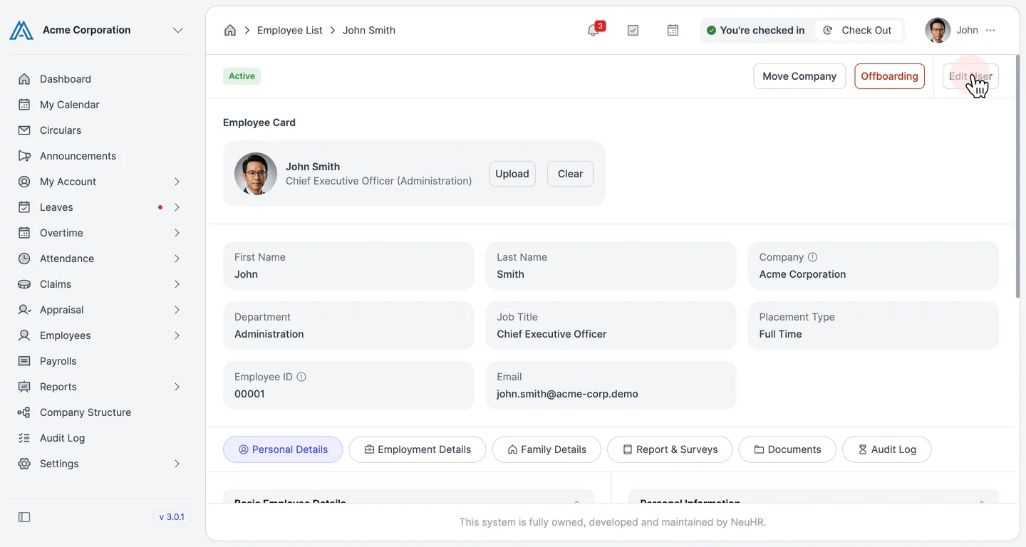 Employee profile with Edit User button