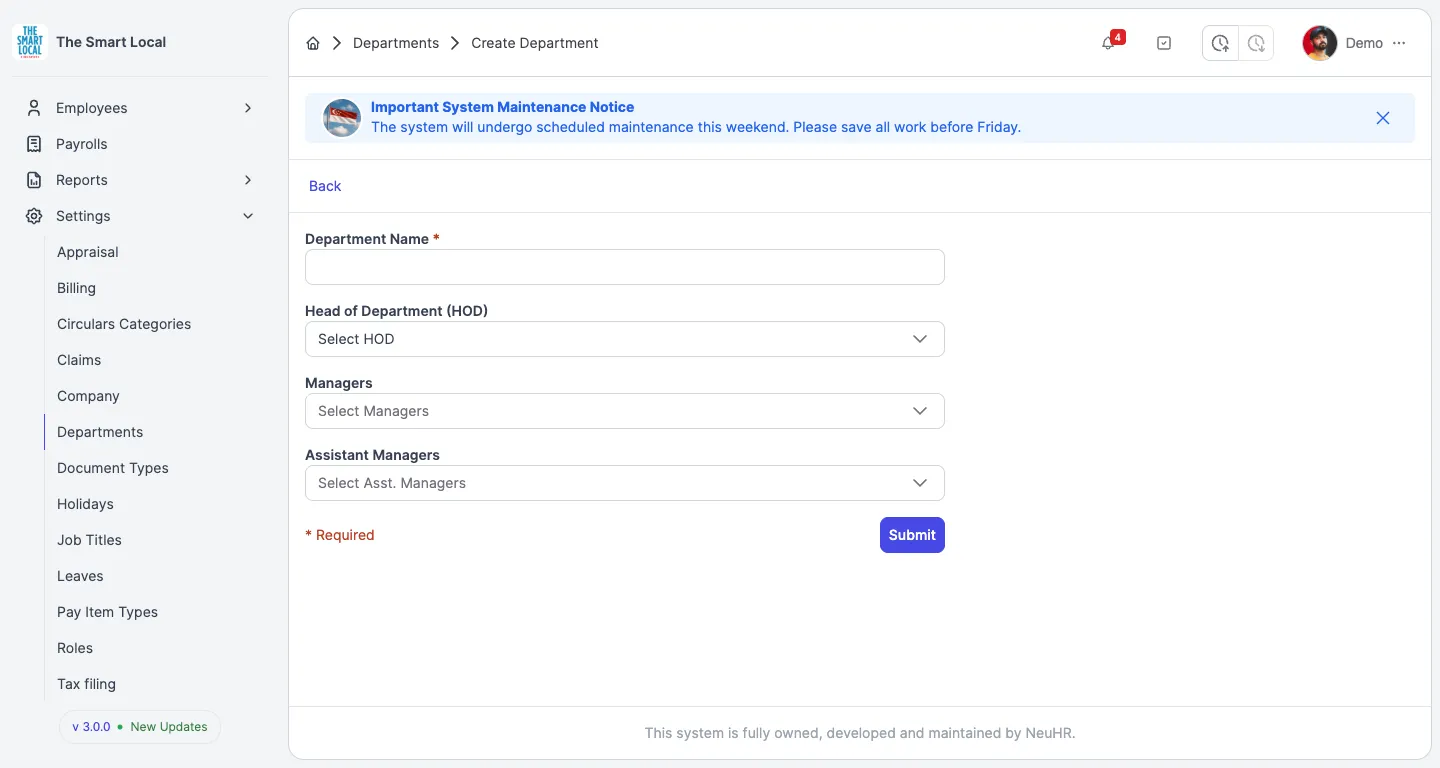 Create Department form