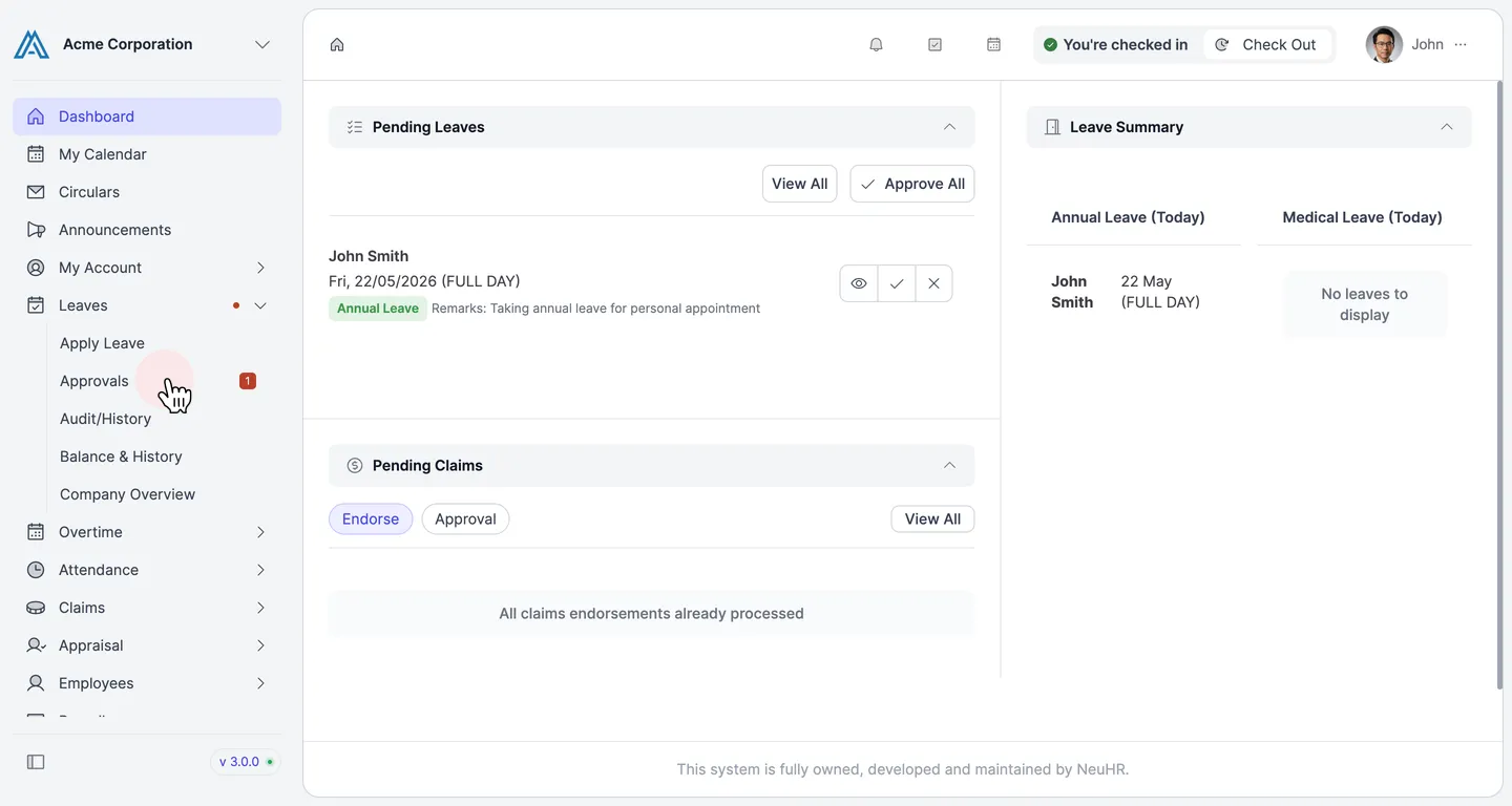 Click Approvals in the Leaves submenu