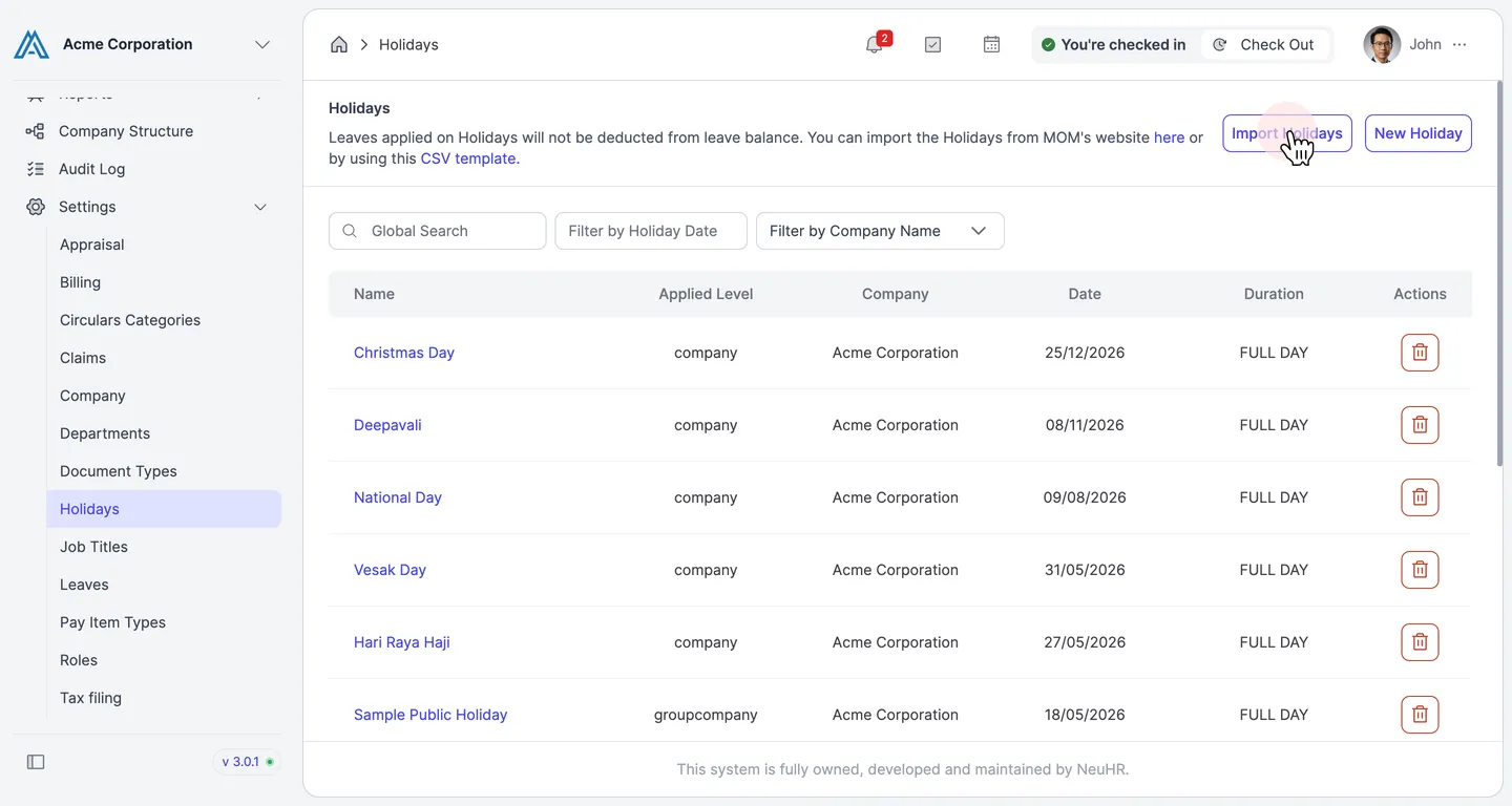 Click Import Holidays button
