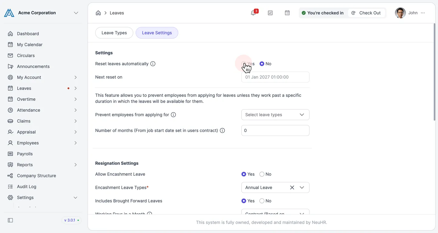 The Leave Settings page with Reset leaves automatically set to Yes