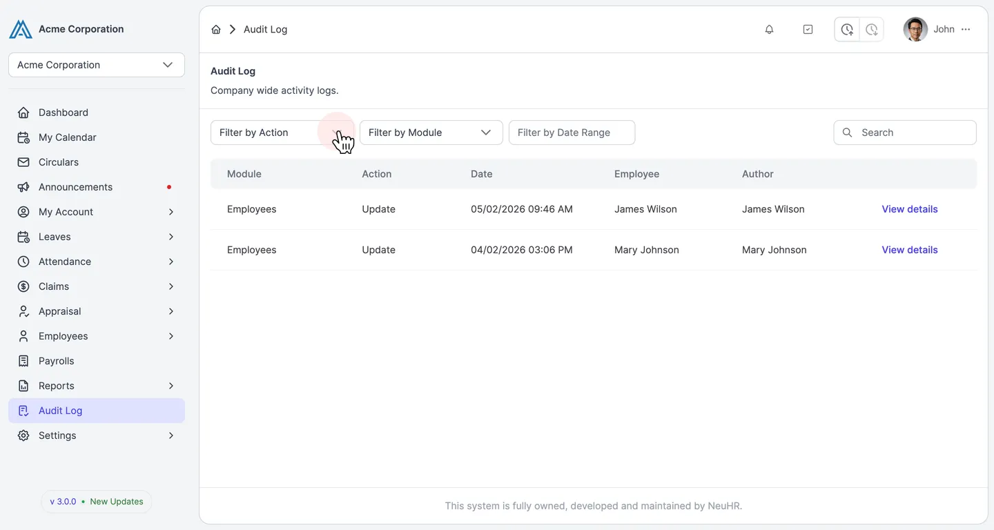Audit Log page with filters
