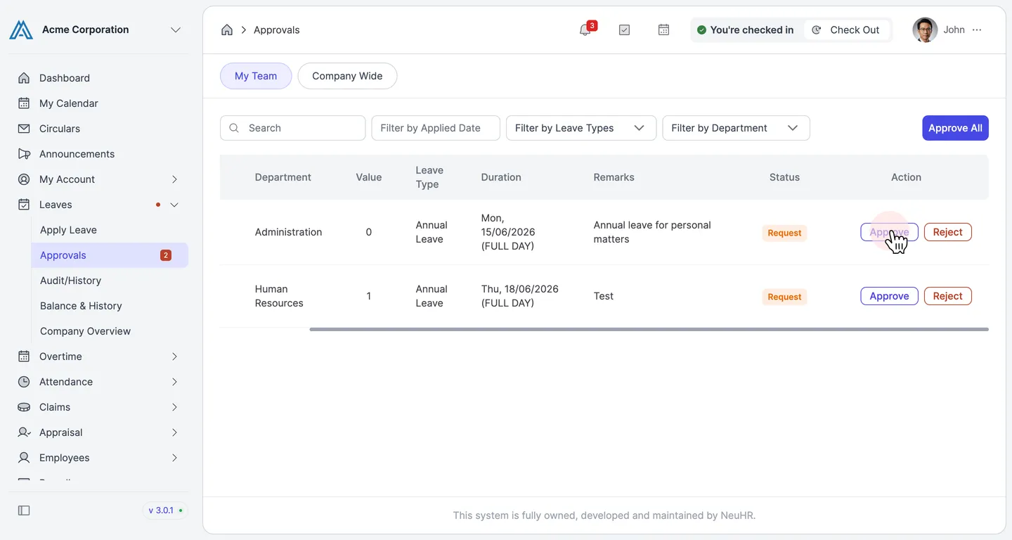 The Approvals table scrolled to show the Action column with Approve and Reject buttons