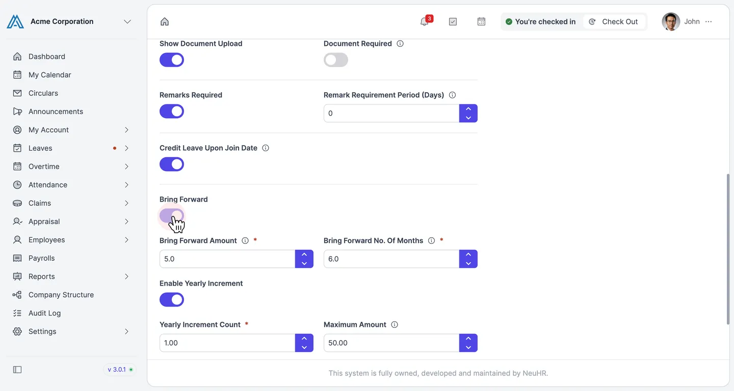 The Update Leave Type form with Bring Forward enabled and the Amount and No. Of Months fields