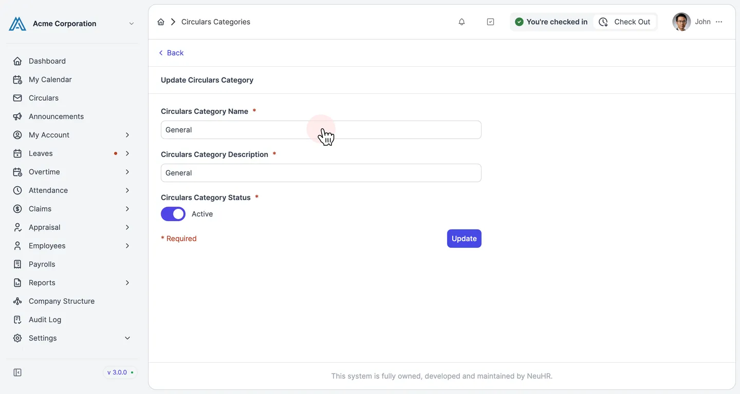 Update Circulars Category form pre-filled with existing values