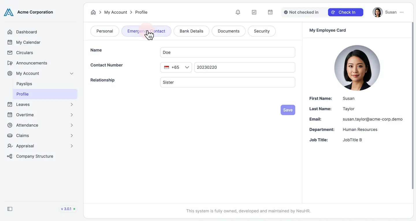 Click Emergency Contact tab