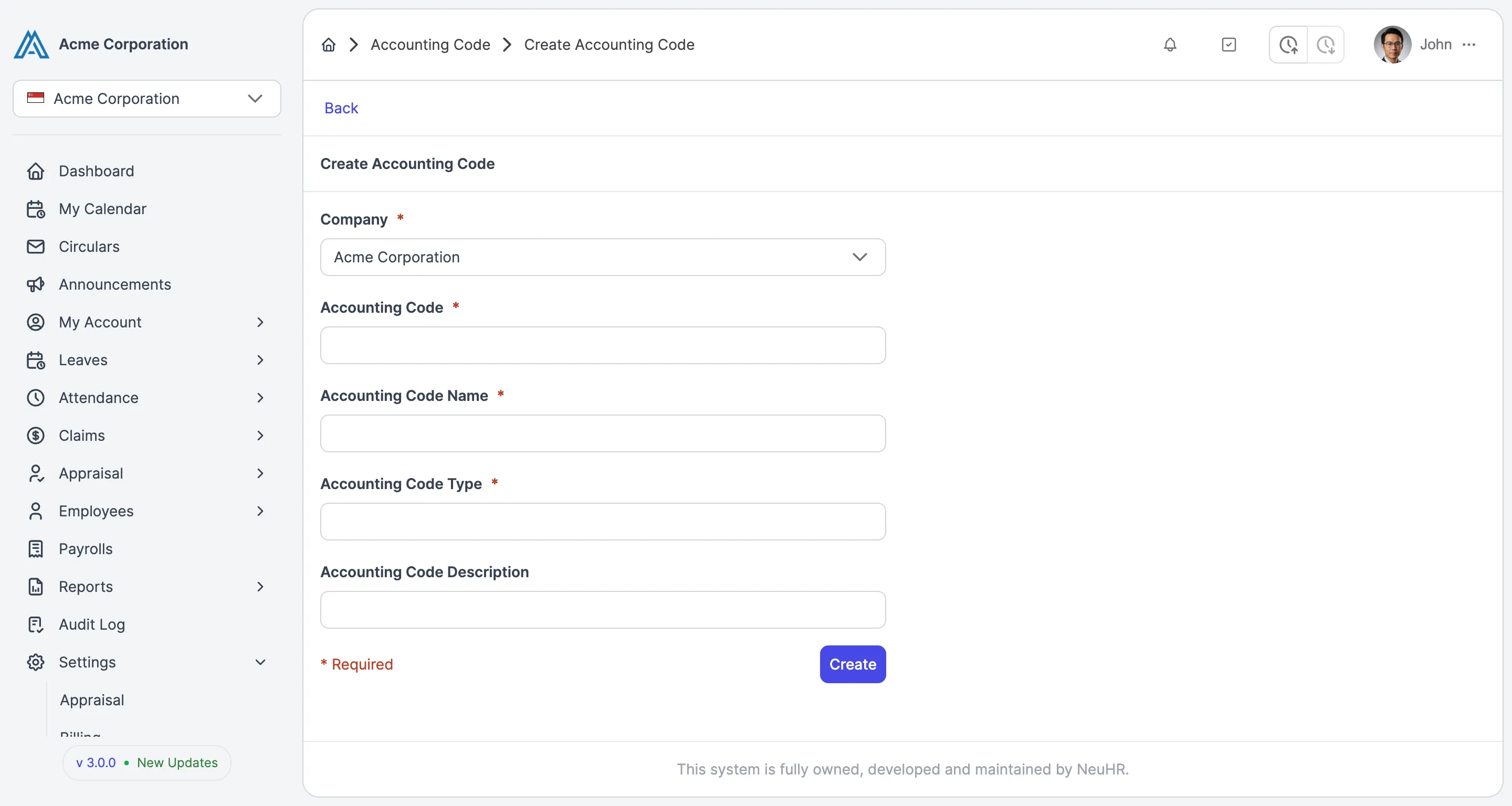 Empty Create Accounting Code form
