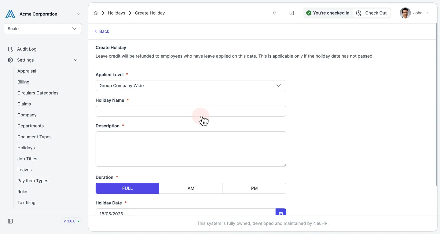 Empty Create Holiday form
