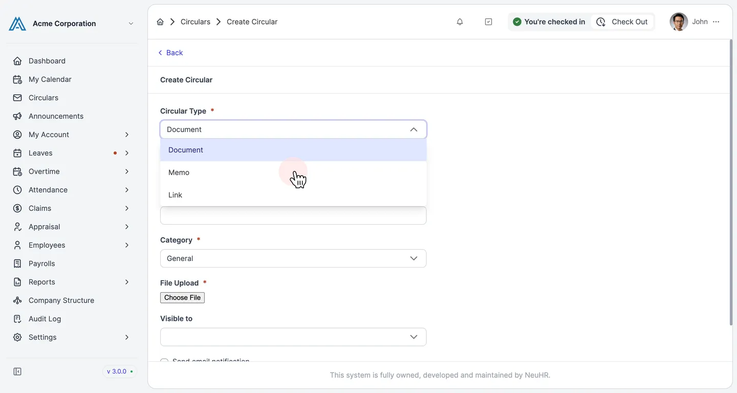 Circular Type dropdown open with Memo option
