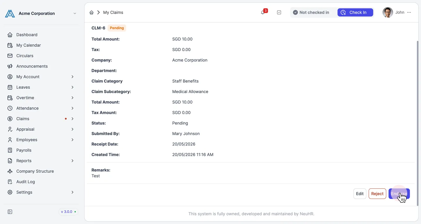 Claim detail page showing the Endorse button
