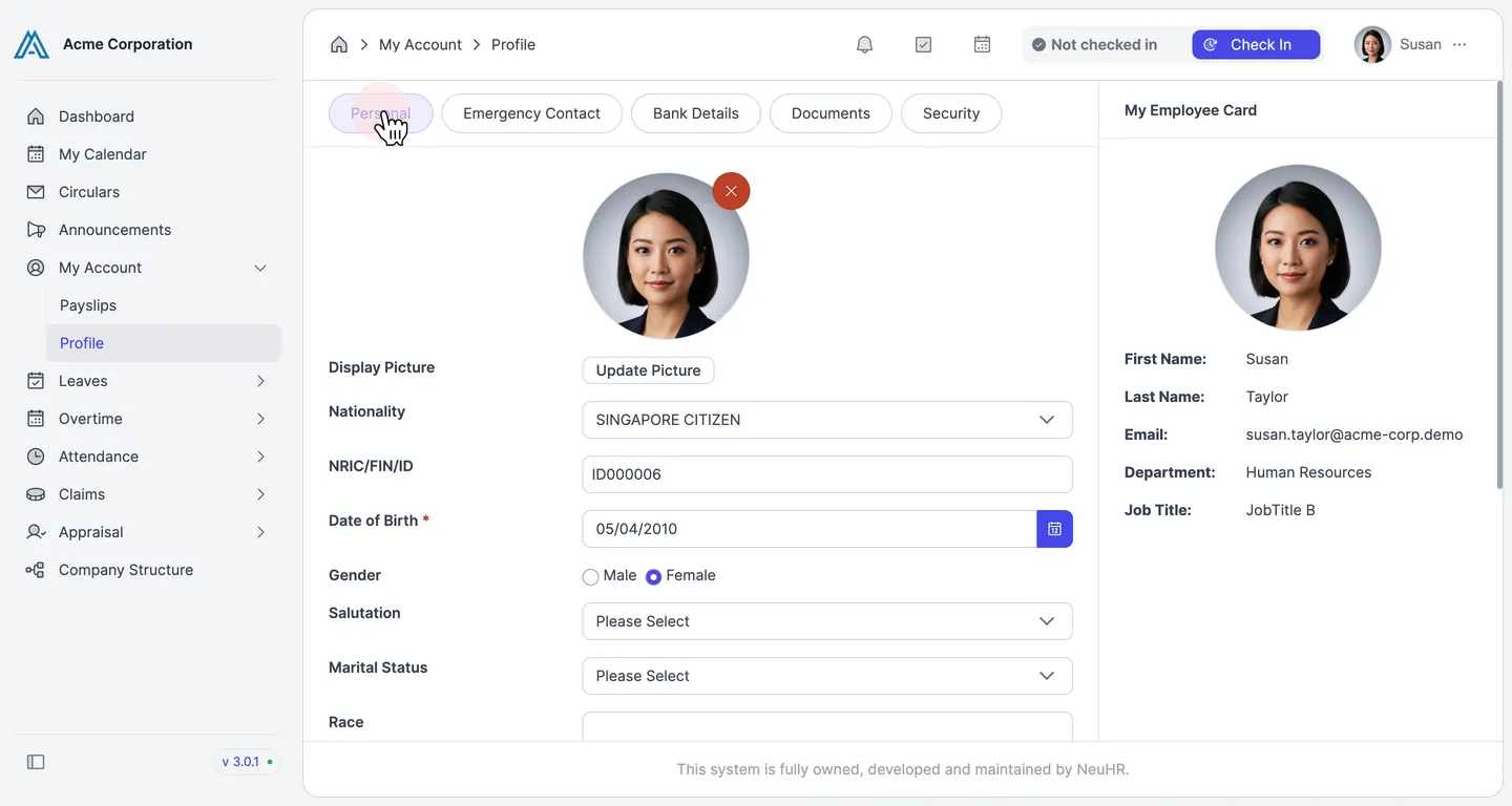 Profile page with Personal tab