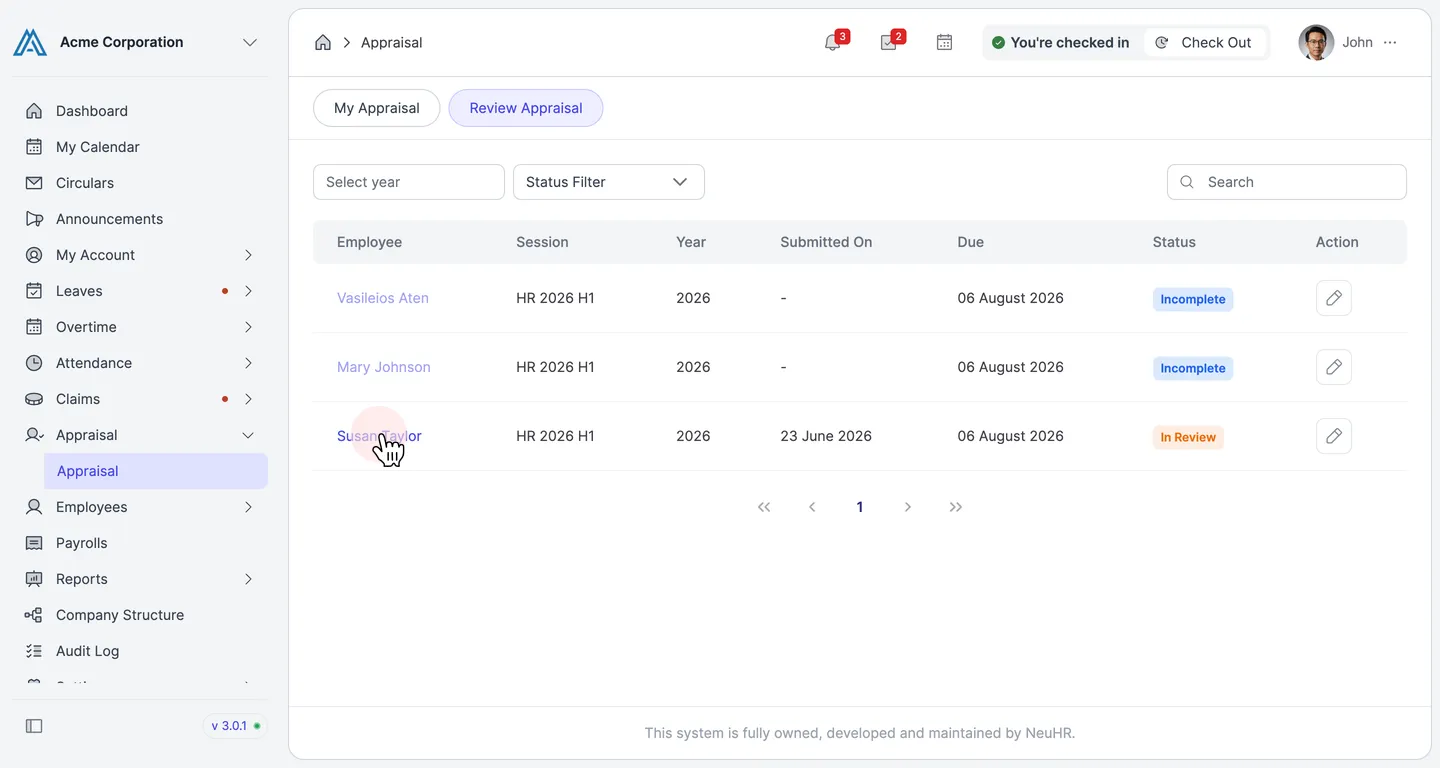 Click employee name to open review