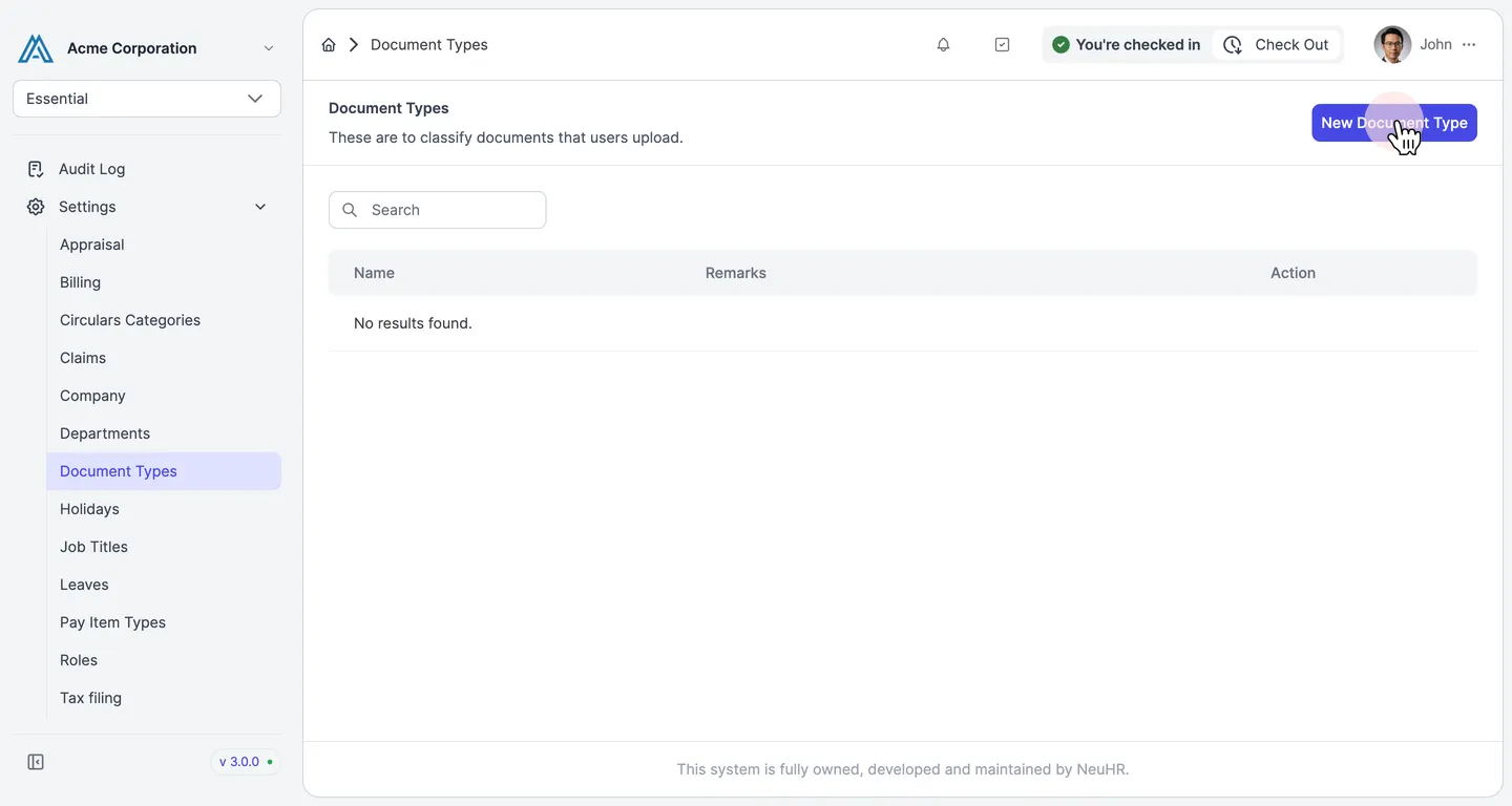 Document Types listing page with New Document Type button