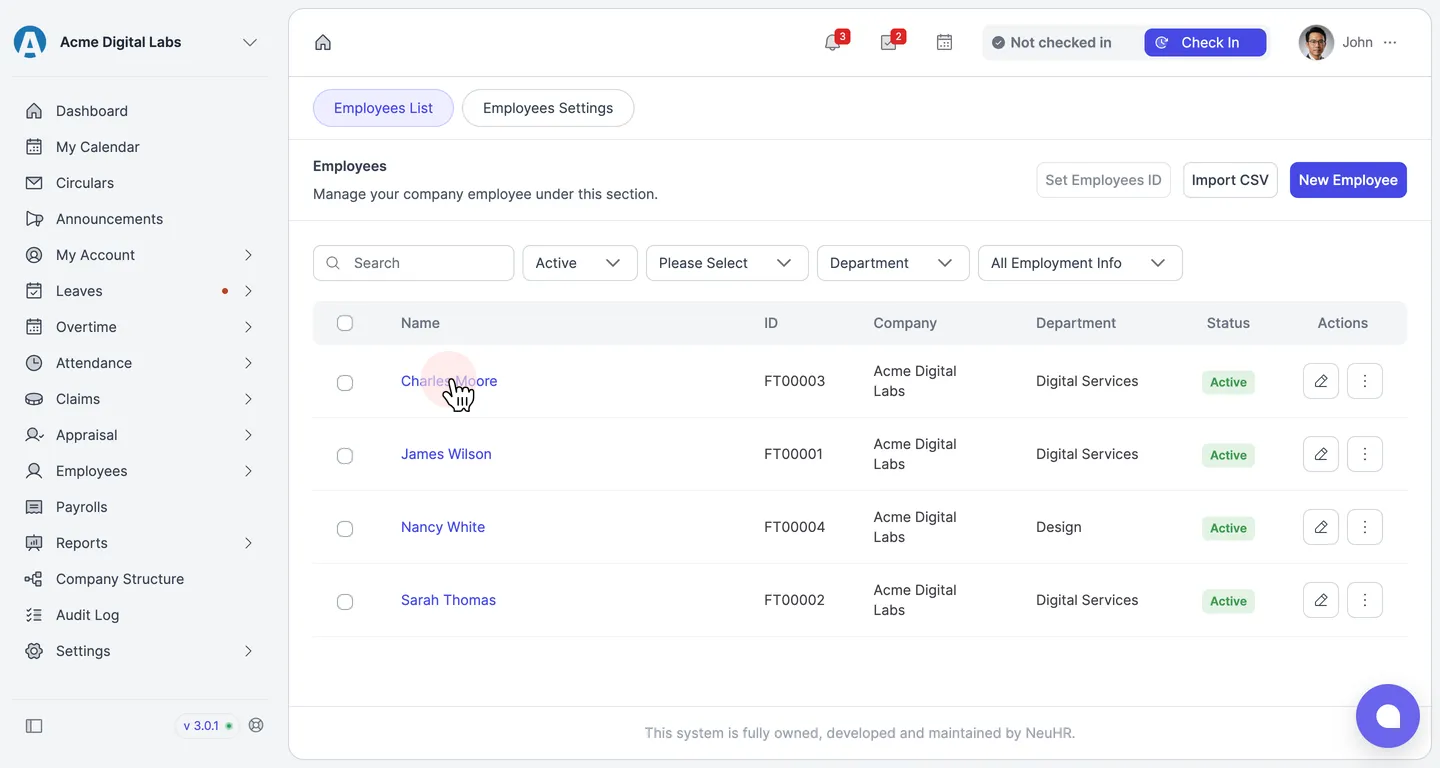 Employees list with an employee name selected