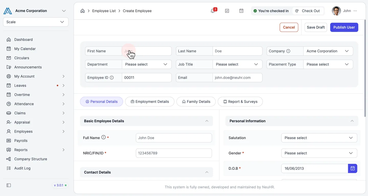 Create Employee form showing the header fields