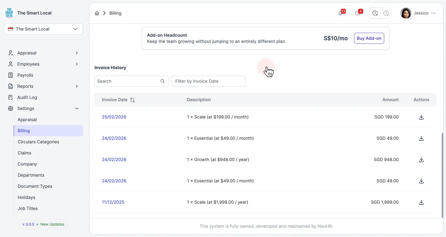 Invoice History section