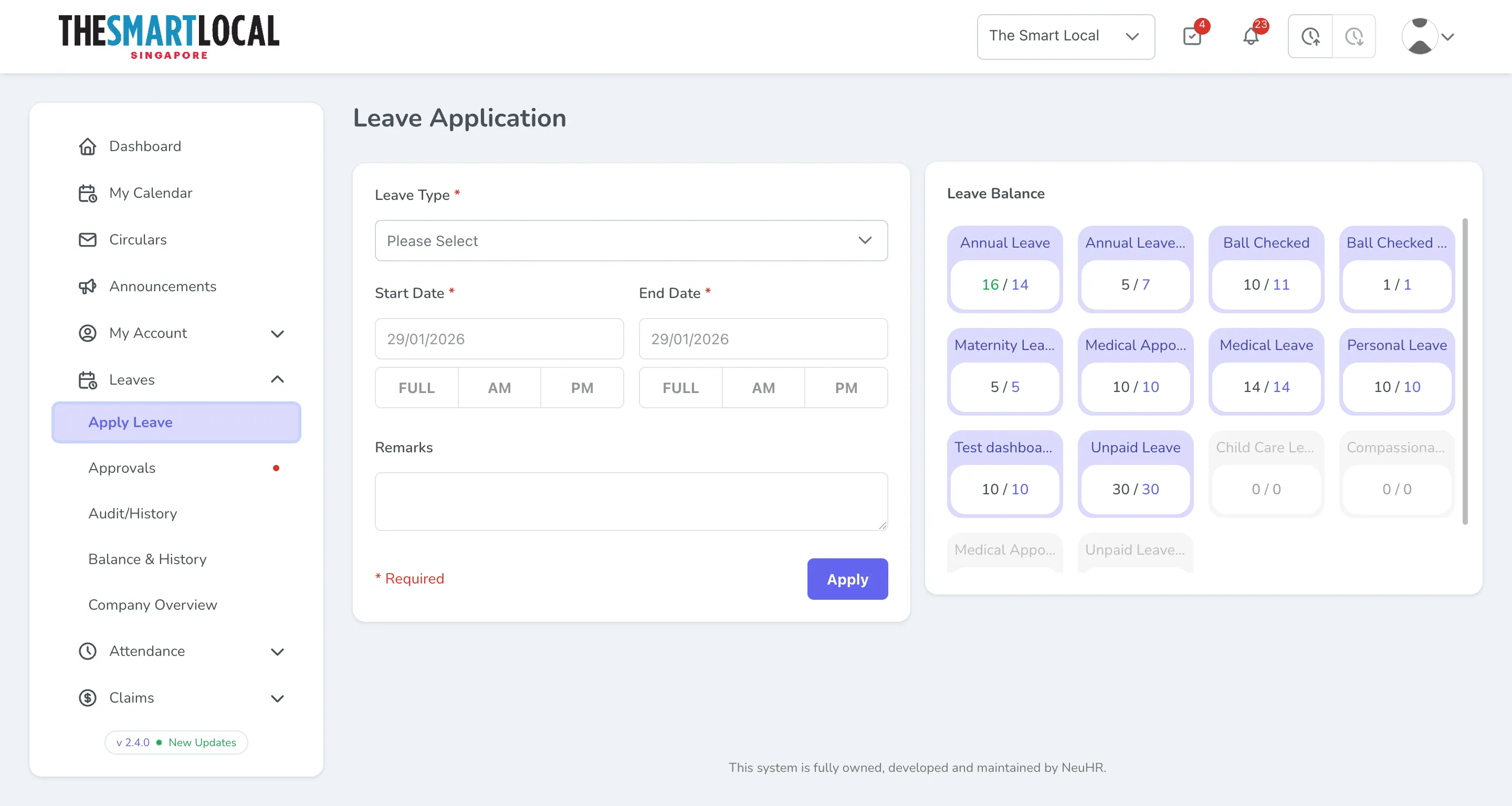 Leave Application page