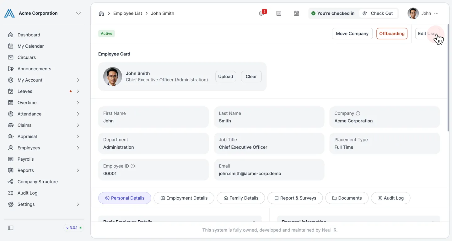 Employee profile page with Edit User button highlighted